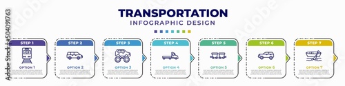 infographic template with icons and 7 options or steps. infographic for transportation concept. included train front, people carrier, monster truck, flatbed lorry, wagon, suv, dugout canoe editable