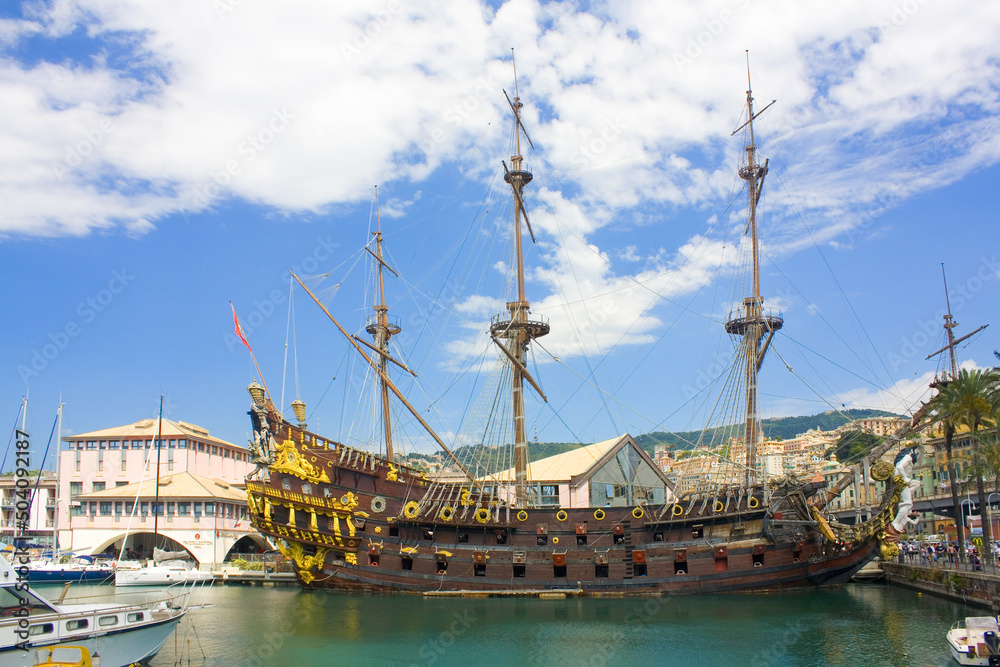 Galleon Neptun in Porto antico in Genoa. It is a ship replica of a 17th century Spanish galleon built in 1985 for Roman Polanski's film Pirates, Italy Galleon Neptun in Porto antico in Genoa. It is a ship replica of a 17th century Spanish galleon built in 1985 for Roman Polanski's film Pirates, Italy