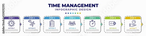 infographic template with icons and 7 options or steps. infographic for time management concept. included time manager, rush, tasks, employees, time pressure, develop, save editable vector.