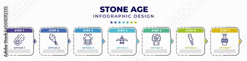 infographic template with icons and 7 options or steps. infographic for stone age concept. included meteorite, cudgel, arthropod, pterodactyl, troglodyte, club, pottery editable vector.