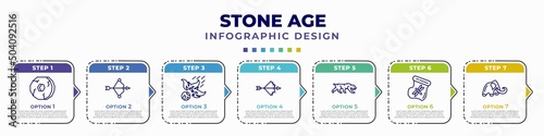 infographic template with icons and 7 options or steps. infographic for stone age concept. included wheel, bow and arrow, meteor, bow, saber toothed tiger, dried insect in amber, mammoth editable