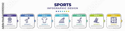 infographic template with icons and 7 options or steps. infographic for sports concept. included awards, man playing volleyball, short sleeves, running track, skiing down hill, man windsurfing,