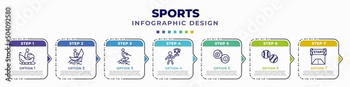 infographic template with icons and 7 options or steps. infographic for sports concept. included person riding on sleigh, fishing man, water ski, man award, ball pool, baseball ball, starting line