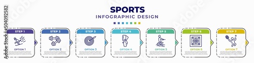 infographic template with icons and 7 options or steps. infographic for sports concept. included skiing, dumbbell for training, dartboard and dart, amonestation, surf sea, dohyo, man playing tennis