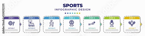infographic template with icons and 7 options or steps. infographic for sports concept. included dartboard with dart, ski boots, trekking, second prize, volleyball motion, world cup, tennis game
