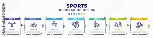 infographic template with icons and 7 options or steps. infographic for sports concept. included weight lifting, volleyball ball, excersice, balls, motocross, excercise, roller skate editable