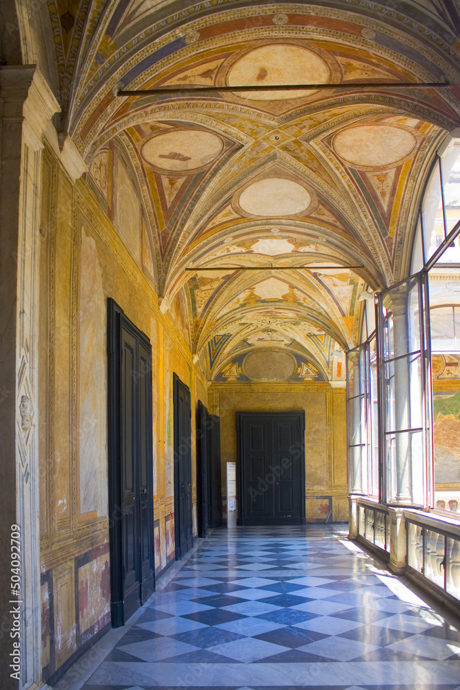 Gallery of Patio in Palazzo Doria-Spinola or Palazzo Antonio Doria (circa 1543). Nowadays serves as offices of the Prefecture and the Province of Genoa, Italy