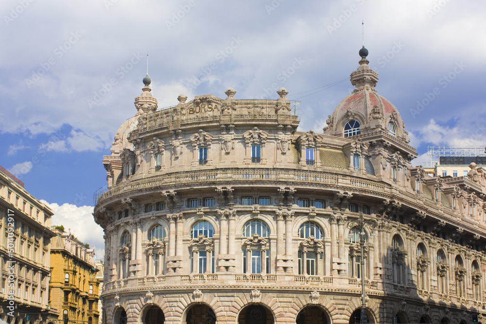 Palazzo della Borsa, built in 1912 by the architect Alfredo Coppede, on Ferrari squre in Genoa, Italy