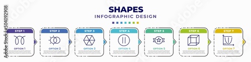 infographic template with icons and 7 options or steps. infographic for shapes concept. included glowplug, hdr, poligon, round stop button, trademark, geometry cube, parabola editable vector.