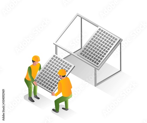 Isometric design concept illustration. two men installing solar panels