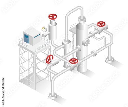 Isometric design concept illustration. industrial pipe factory for oil and gas