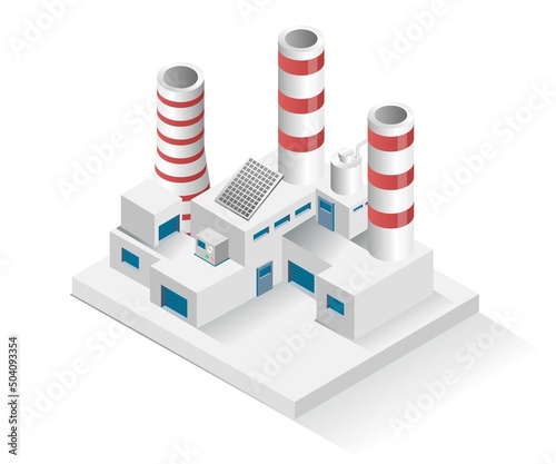 Isometric design concept illustration. industrial buildings with chimneys equipped with solar panels