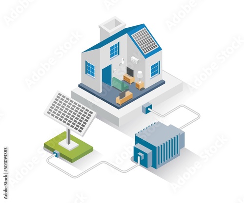 Isometric design concept illustration. house with solar energy storage panels