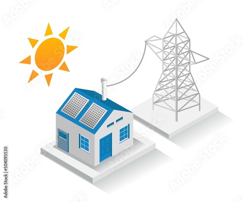 Isometric design concept illustration. building houses with electrical energy and solar panels
