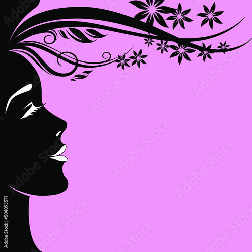 Female black silhouette on a pink background. Fashion vector background.Template or banner used for design.