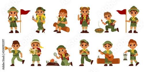 Scout kids. Cute cartoon boys and girls in scout uniform for summer camp survive in wild and build a camp. Vector children characters