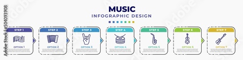 infographic template with icons and 7 options or steps. infographic for music concept. included melody, accordion, heavy metal, snare drum, blues, double bass, bass guitar editable vector.