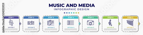 infographic template with icons and 7 options or steps. infographic for music and media concept. included natural, crotchet, bass clef, bold double bar line, photo camera, octave, chimes editable