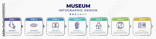 infographic template with icons and 7 options or steps. infographic for museum concept. included audio guide, mask, butterfly, sarcophagus, information desk, no phone, panel editable vector.