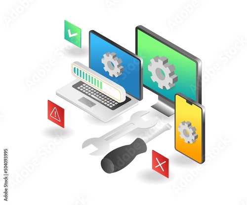 Flat isometric illustration concept. website application responsive installation process