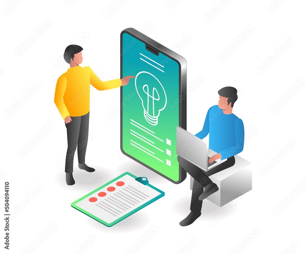 Flat isometric illustration concept. two men combine ideas for a business plan Flat isometric illustration concept. two men combine ideas for a business plan