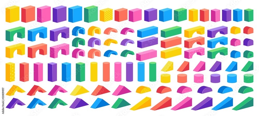 Isometric block constructor. Cartoon colorful building puzzle for children, plastic cubes cylinders and cones