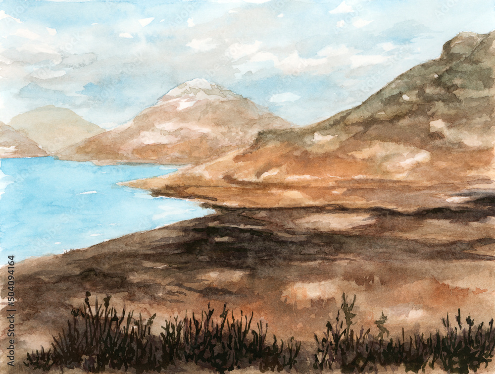 Hilly coastline. Watercolor on paper.