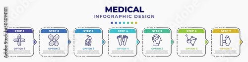 infographic template with icons and 7 options or steps. infographic for medical concept. included plastering, sticking plaster, microscope tool, dead, brain in bald male head, molecular