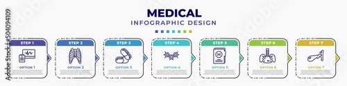 infographic template with icons and 7 options or steps. infographic for medical concept. included diagtic, sternum, medicine capsules, three hexagons cell, medical results folders, breath control,