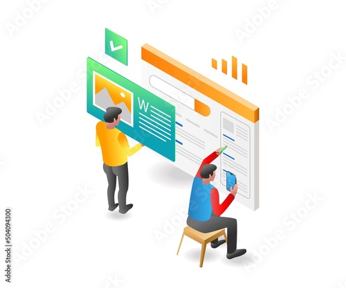 Flat isometric illustration concept. the creative team is compiling the appearance of the website application
