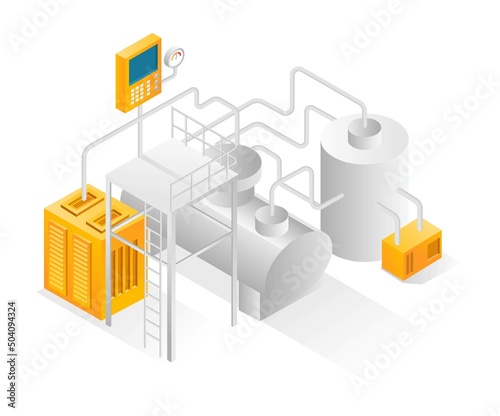 Flat isometric illustration concept. tanks with pipelines and bio gas industrial machinery