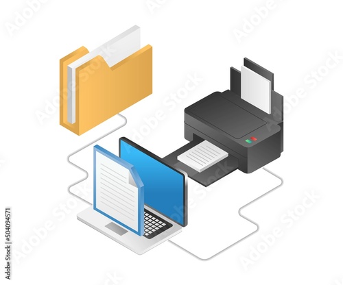 flat isometric illustration concept. print data from computer folder