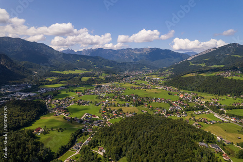 Aerial view of the village  fields and forest in mountains Alps Austria