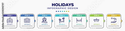 infographic template with icons and 7 options or steps. infographic for holidays concept. included basin, hotels, beach hut, hammock relaxing, hammocks, bathtube, sunbath editable vector.