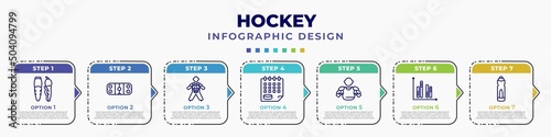 infographic template with icons and 7 options or steps. infographic for hockey concept. included shin, ice court, hockey player, schedule, bowman, graph bar, drink editable vector.