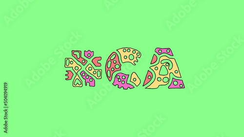 Hashtag #CA. Isolated on green screen background, chroma key. Doodle pattern on letter, 3 colors, black outline. Cartoon Animation. #CA is abbreviation for the US American state California
