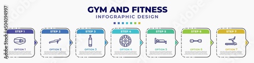 infographic template with icons and 7 options or steps. infographic for gym and fitness concept. included lumbar belt, push up, boxing bag, iron shoot, sleep, little dumbbell, training apparatus