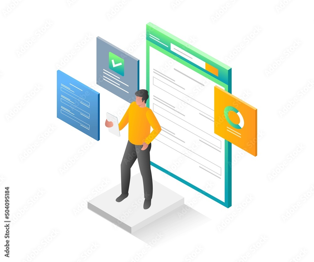 Flat isometric illustration concept. man filling out a registration form with a smartphone