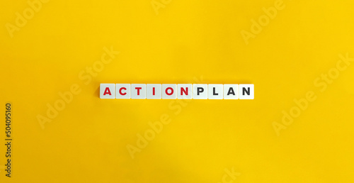 Action Plan Word and Banner. Letter Tiles on Yellow Background. Minimal Aesthetics.