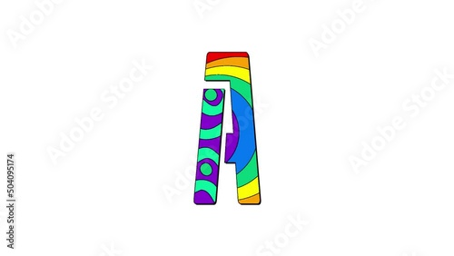 Letter A. Animated symbol or icon or logo made up of different elements in different patterns. Bright rainbow colors. Letter A for icons, logos, interface elements. Isolate on White background, 4K