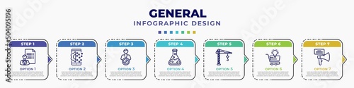 infographic template with icons and 7 options or steps. infographic for general concept. included agent script, digital transformation, impeachment, chemical lab, building crane, ecommerce