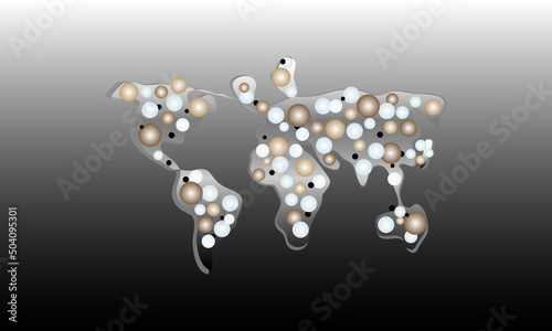 World map with pearls. 3d, grey gradient background. Vector. Jewelry abstract background