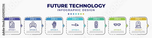 infographic template with icons and 7 options or steps. infographic for future technology concept. included audio file, jetpack, wired gloves, chainsaw, capsule, ar glasses, egg incubator editable