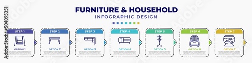 infographic template with icons and 7 options or steps. infographic for furniture & household concept. included porch swing, table, corner sofa, credenza, coat stand, dehumidifier, fish bowl