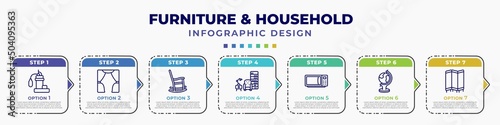 infographic template with icons and 7 options or steps. infographic for furniture & household concept. included sump pump, curtain, rocking chair, livingroom, microwave, globe, room divider editable