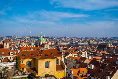 Houses with traditional red roofs in Prague, Panoramic city skyline, Scenic aerial panorama of the Old Town architecture in Prague, Czech Republic