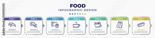 infographic template with icons and 7 options or steps. infographic for food concept. included croissant, butcher, wrapping, coffee cup with steam, vitamins, ribs, hotdog and bread editable vector.