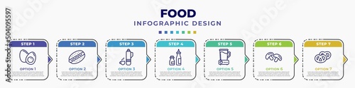 infographic template with icons and 7 options or steps. infographic for food concept. included boiled egg, hotdog, thermo flask, condiment, blend, mushrooms, pretzel editable vector.
