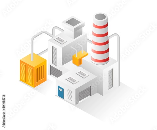Flat isometric illustration concept. factory building with chimney and electricity
