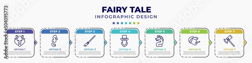 infographic template with icons and 7 options or steps. infographic for fairy tale concept. included beast, seahorses, broomstick, leprechaun, quetzalcoatl, pinocchio, thor editable vector.